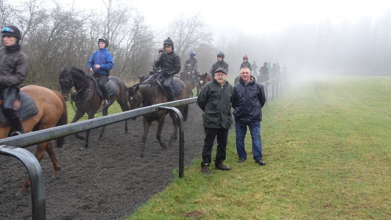Wet on the gallops this morning for Paul Woakes and Allan Banner  