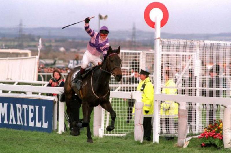 Party Politics winning the 1992 Grand National.. Bred by David Stoddart