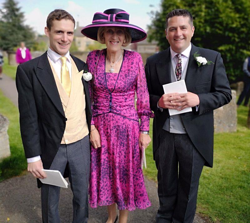 David Bass, Angela Cookson and Mat Nicholls.. Mother of the groom with two of the ushers outside the church