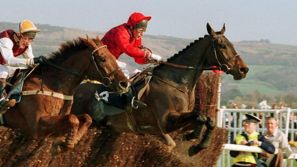 Katabatic leading Waterloo Boy over the last in the 1991 Queen Morther Champion Chase with jockey Simon McNeill
