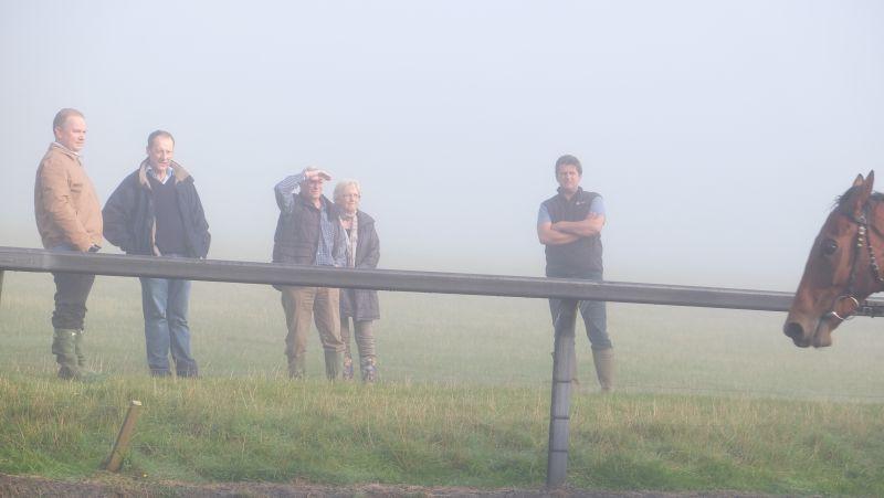 This morning's group with Mat and Peter watching the horses work in thick fog