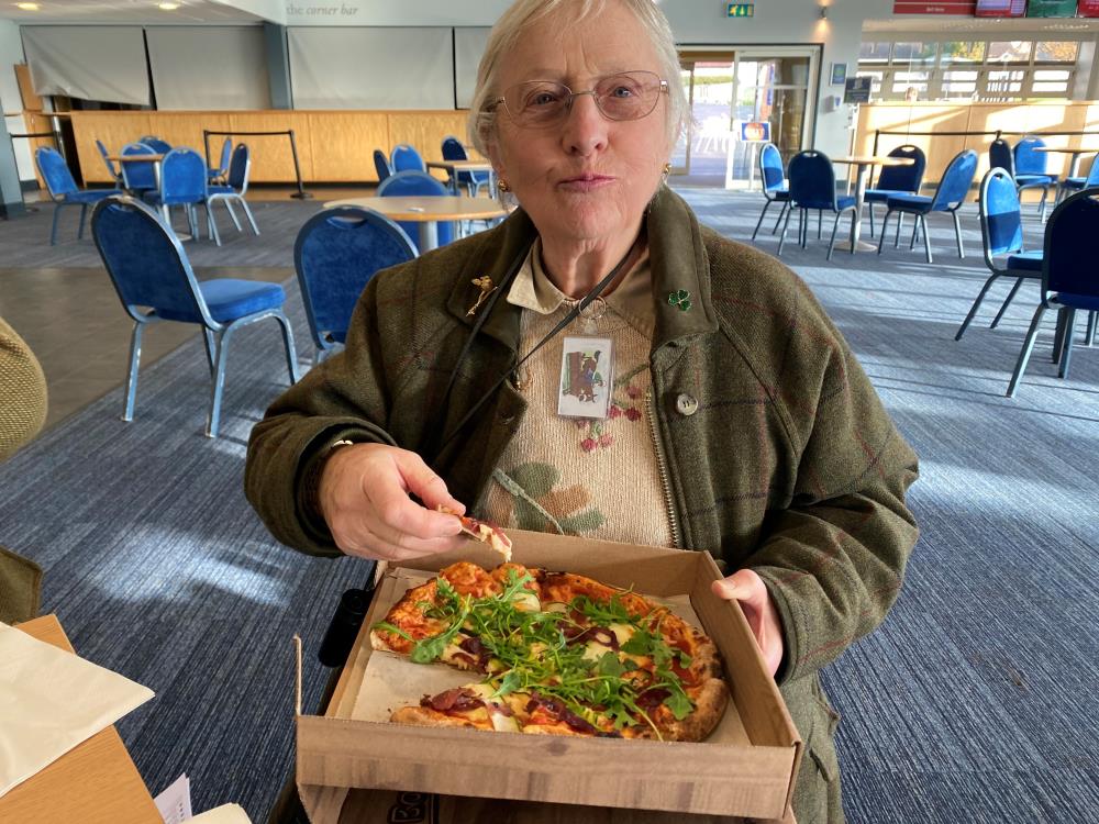 Elizabeth Kellar enjoying her Wetherby pizza