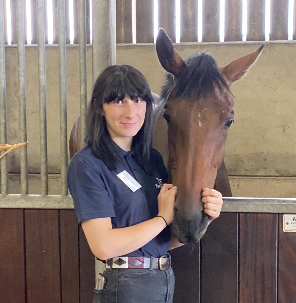 Jess who has recently arrived for the Racing School with the Telescope 3 year old gelding that is for sale.