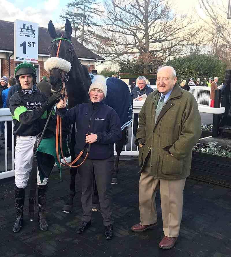 Tony Solomons with his horse First Flow.. This photo was taken after First Flow had just won his first race over hurldes at Lingfield..November 2017