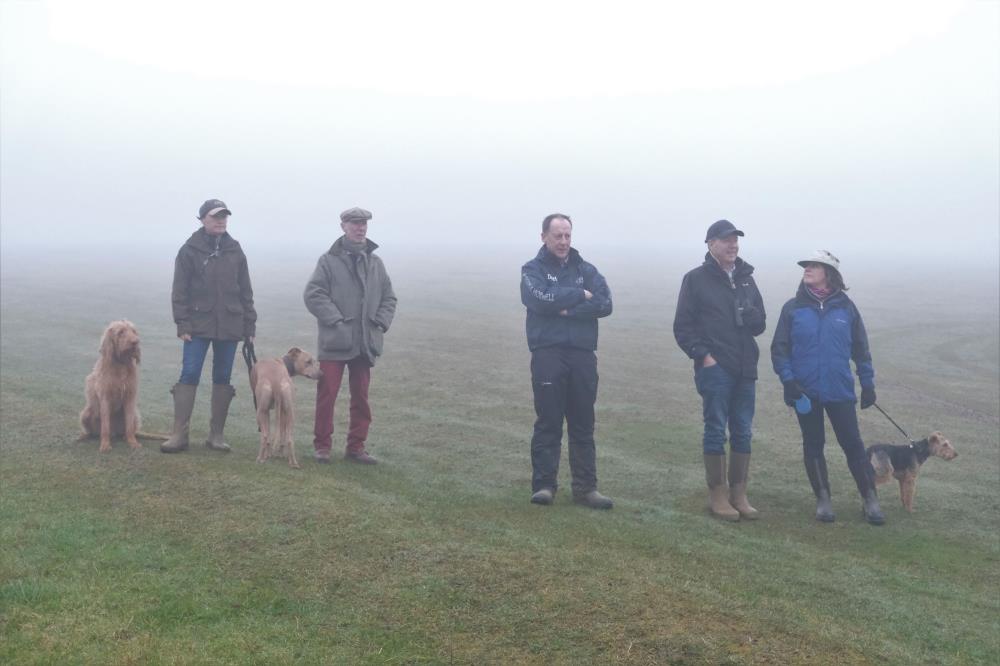 Mrs B, Carl, Peter, Roy and Louise waiting at the top of the gallops for the horses to appear out of the fog