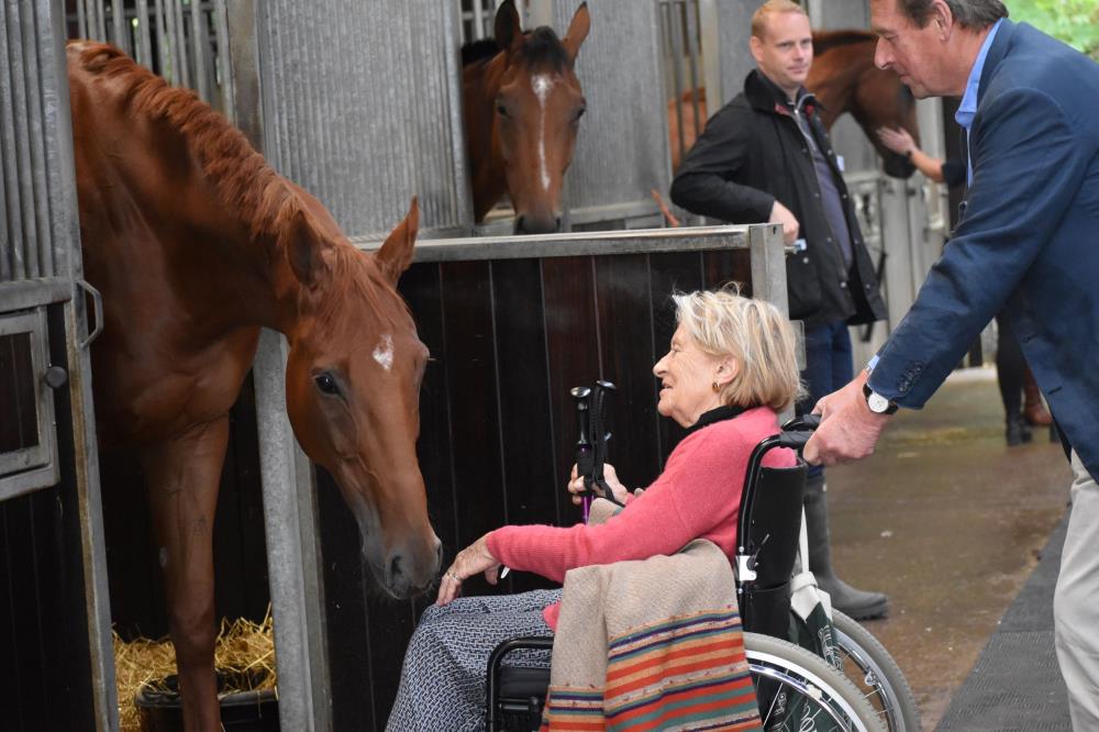 Virginia Johnson willingly being pushed into the stable to see her horse Inflagrante