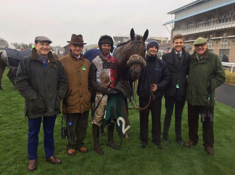 The WOW partership with their horse Bandon Roc after his first race over hurdles..Brain Cognet, Russell Field, Tom and John Stanley
