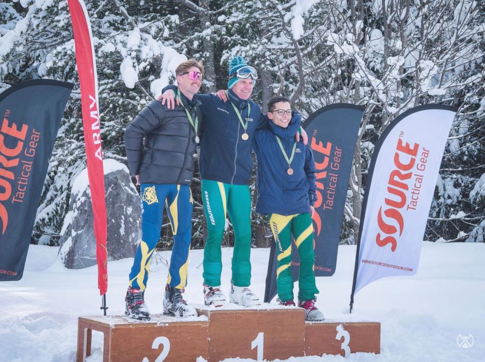 Harry Wallace in Gold Medal position after winning the Army and Navy Telemark Championship