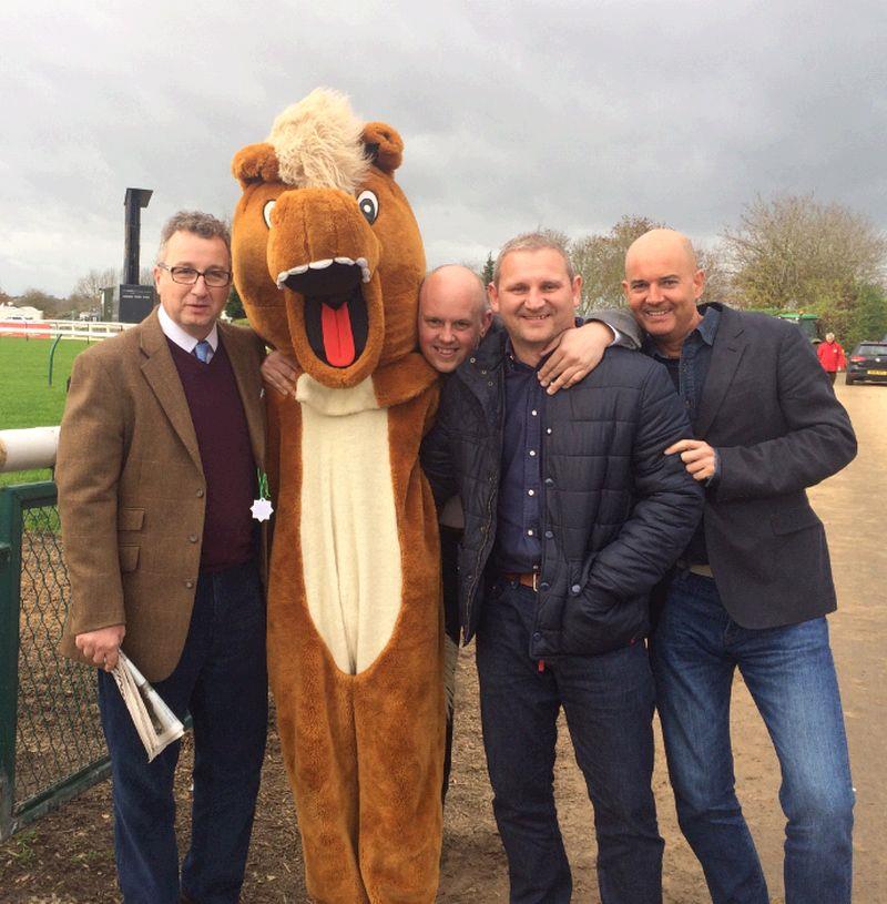 John Webber and Richard Sheppard with mates at Warwick yesterday.. Their new horse.. should be easy to train?