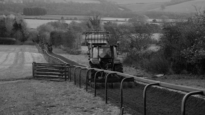 Harrowing the gallop after the horses have worked